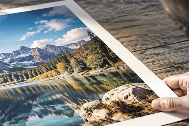 A dark photo of a mountain-lake print held over a desk, brightened in one press